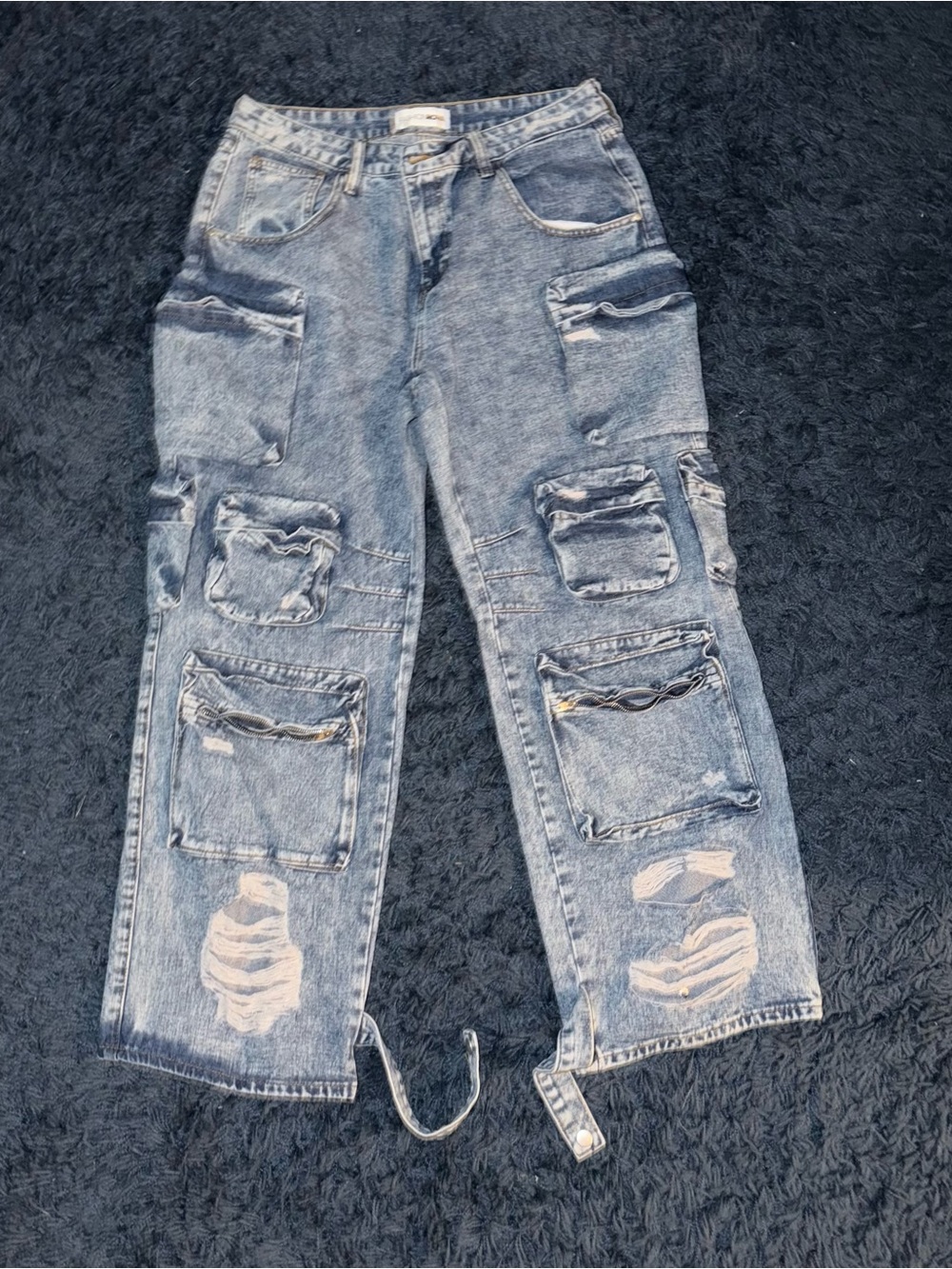 Fashion Nova Washed Blue Distressed Cargo Denim Shorts for Men